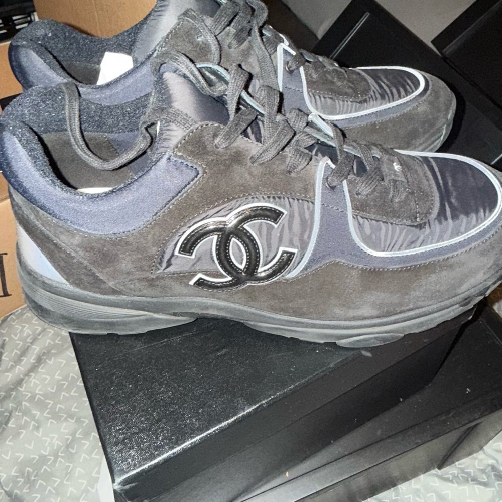 CHANEL Black and Gray Sneakers with Iconic Logo